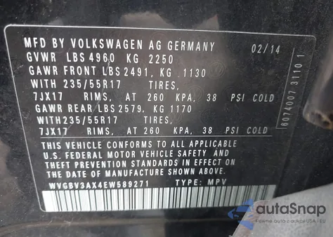 2014 Volkswagen Tiguan Se из США, поврежденный, VIN WVGBV3AX4EW589271